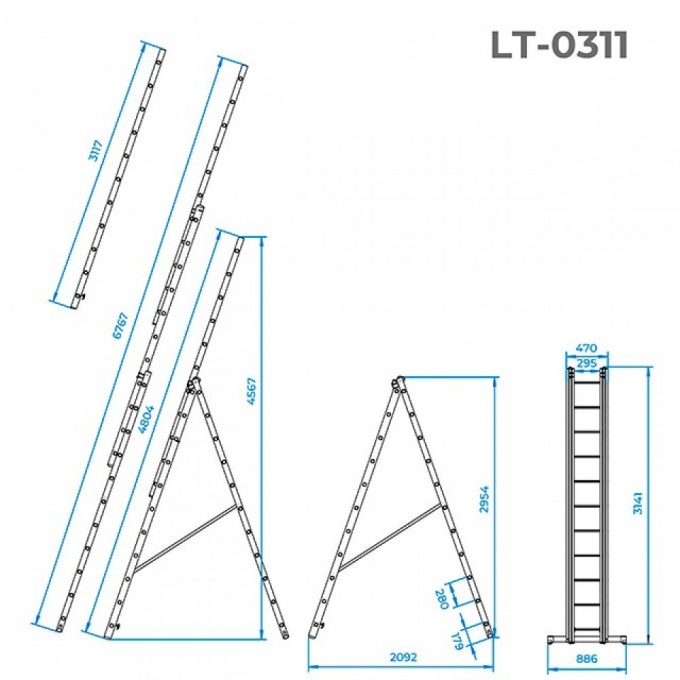 Драбина з алюмінію, 3-секційна, універсальна, розкладна, 3*11 сход., 6.7 м INTERTOOL LT-0311
